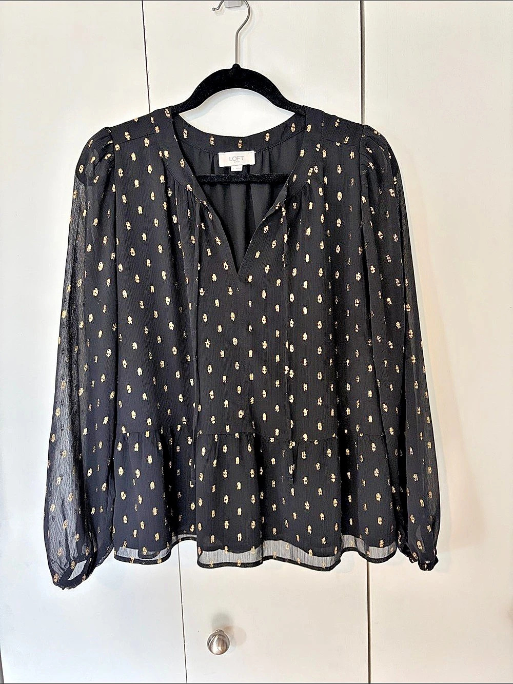 LOFT Outlet Metallic Dot Tie Neck Peplum Blouse Black & Gold Large Like New